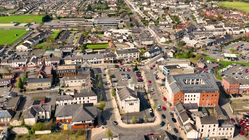 Aerial video of Ballyclare Town Centre Square County Antrim Northern Ireland Aerial video of Ballyclare Town Centre Square County Antrim Northern Ireland