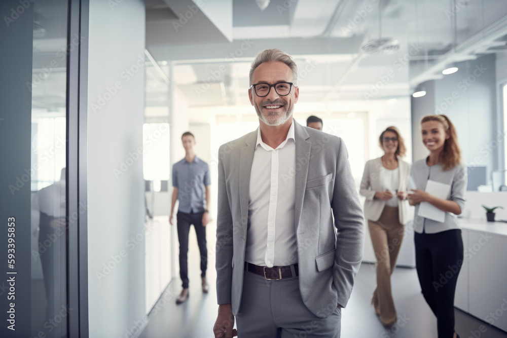 confident and approachable HR Specialist walking through a busy office, greeting employees and offering a friendly smile, generative ai confident and approachable HR Specialist walking through a busy office, greeting employees and offering a friendly smile, generative ai