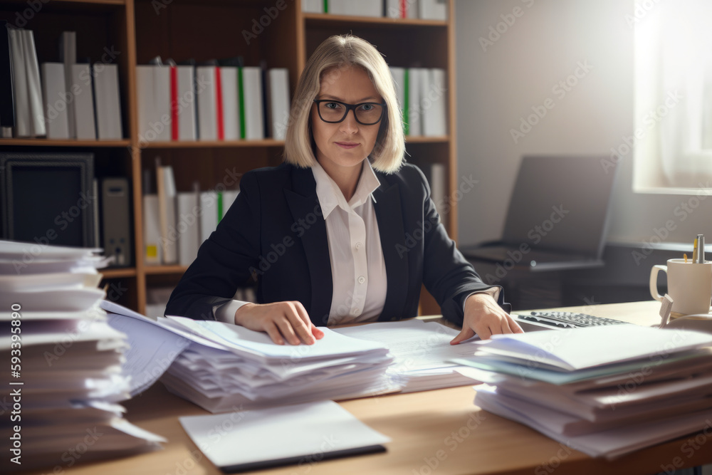 Confident and poised tax preparer working diligently at her desk, surrounded by stacks of paperwork and financial documents, generative ai Confident and poised tax preparer working diligently at her desk, surrounded by stacks of paperwork and financial documents, generative ai