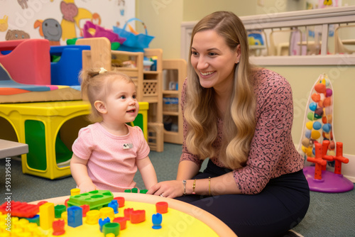 compassionate Speech-Language Pathologist sitting with a young child in a colorful playroom filled with educational toys and games  generative ai
