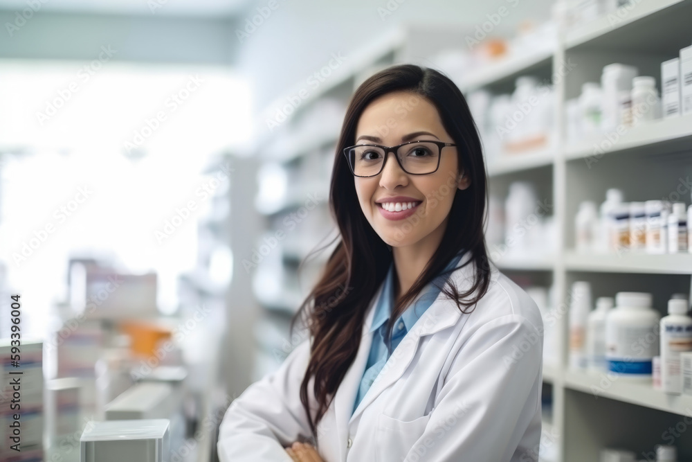 Confident female pharmacist with a warm smile and a reassuring demeanor explaining medication instructions to a patient, generative ai - obrazy, fototapety, plakaty 