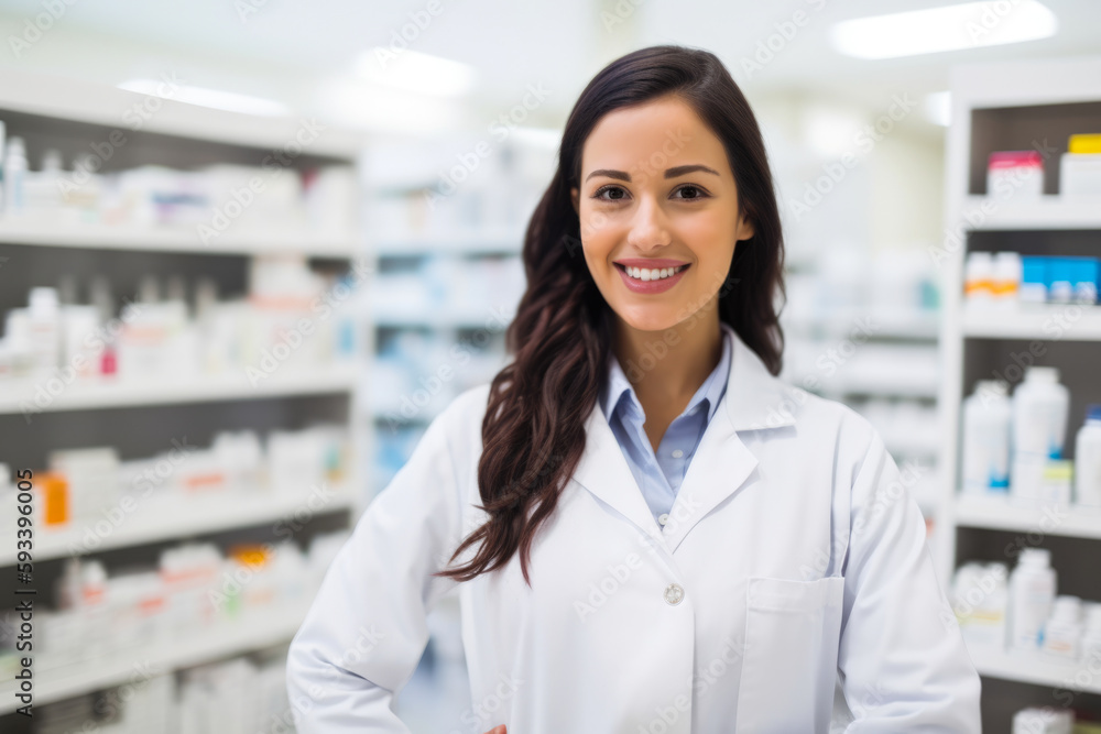 Confident female pharmacist with a warm smile and a reassuring demeanor explaining medication instructions to a patient, generative ai