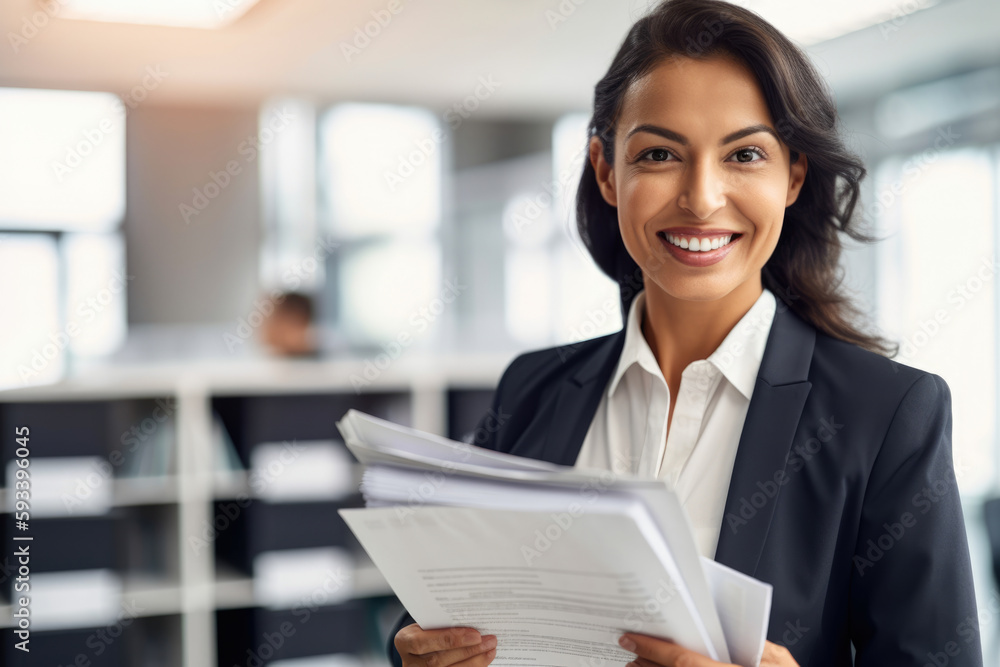 confident Human Resources Specialist in a modern office setting, with a smile on her face and a stack of resumes in her hand, generative ai confident Human Resources Specialist in a modern office setting, with a smile on her face and a stack of resumes in her hand, generative ai