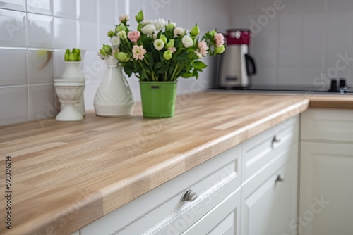 colorful vase of flowers on a kitchen counter. Generative AI