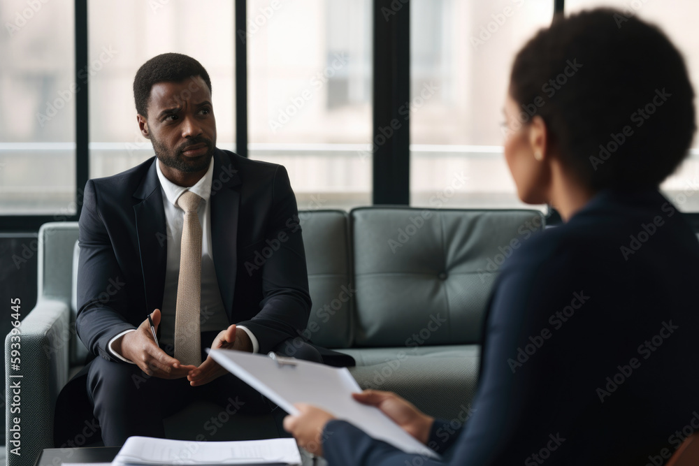 Empathetic Human Resources Manager sitting down with an employee, listening and offering guidance and support, generative ai Empathetic Human Resources Manager sitting down with an employee, listening and offering guidance and support, generative ai