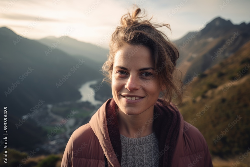 Portrait of a beautiful young woman smiling at the camera with mountains in the background Portrait of a beautiful young woman smiling at the camera with mountains in the background