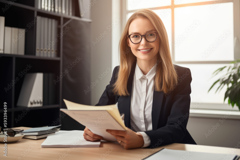 Experienced and knowledgeable insurance agent with a warm smile, sitting at her desk while holding a folder with important documents, generative ai Experienced and knowledgeable insurance agent with a warm smile, sitting at her desk while holding a folder with important documents, generative ai