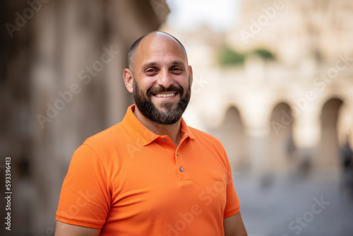 Group portrait photography of a grinning man in his 40s wearing a sporty polo shirt against a roman or ancient architecture background. Generative AI