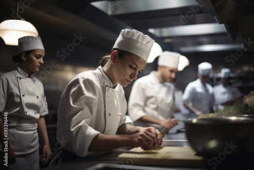 experienced and knowledgeable chef leading a team of passionate cooks in a busy restaurant kitchen, ensuring quality and consistency in every dish, generative ai