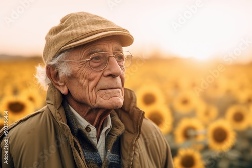 Portrait of senior man standing in sunflower field at sunset.