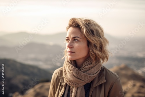 Portrait of a beautiful young woman with blond hair and blue eyes in a beige coat on the top of the mountain.