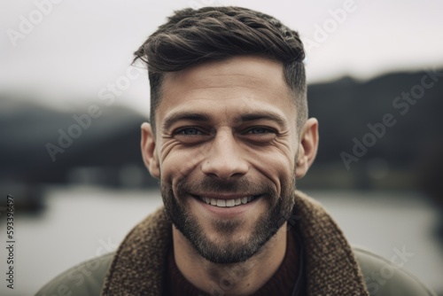 Portrait of a handsome young man smiling outdoors. Men's beauty, fashion.