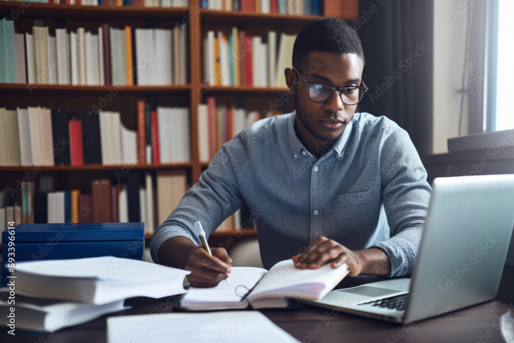 Focused and determined research assistant analyzing data with a laptop and pen in hand, surrounded by books and notes in a cozy study, generative ai Focused and determined research assistant analyzing data with a laptop and pen in hand, surrounded by books and notes in a cozy study, generative ai