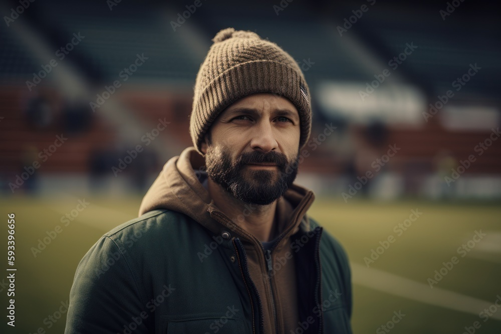 Portrait of a handsome bearded man in a hat and coat on the football field Portrait of a handsome bearded man in a hat and coat on the football field