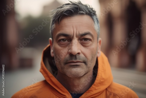 Portrait of a man in an orange jacket on the street.
