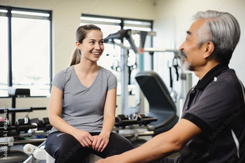 friendly and approachable physical therapist sitting next to a patient, giving them instructions and guidance on how to properly perform an exercise, generative ai friendly and approachable physical therapist sitting next to a patient, giving them instructions and guidance on how to properly perform an exercise, generative ai