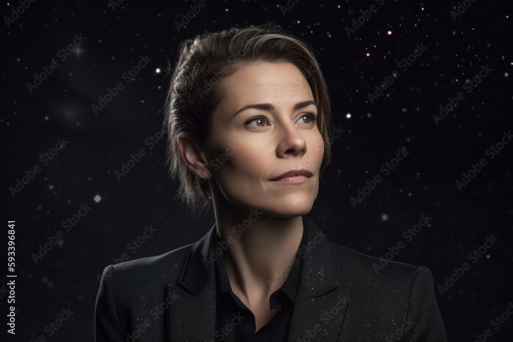 Portrait of a beautiful young woman on a dark background with stars Portrait of a beautiful young woman on a dark background with stars