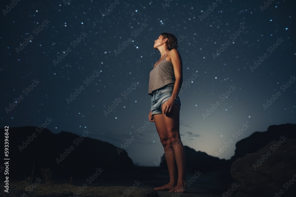 Fototapeta premium Young woman standing on the beach and looking at the starry sky