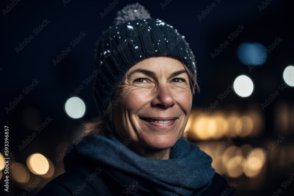 Portrait of a smiling middle-aged woman in the city at night Portrait of a smiling middle-aged woman in the city at night