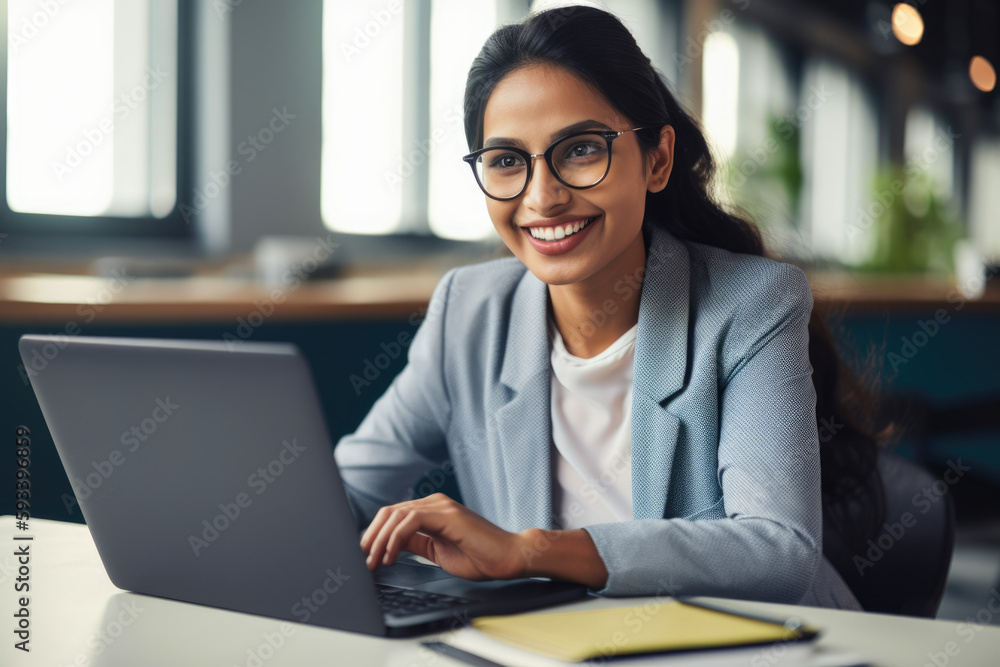 Friendly and approachable research assistant sitting at a desk, smiling while communicating with a client on a laptop, generative ai Friendly and approachable research assistant sitting at a desk, smiling while communicating with a client on a laptop, generative ai