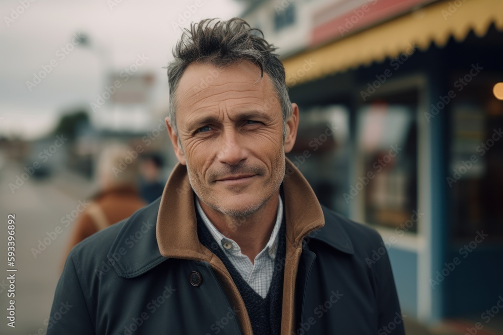 Portrait of a handsome middle-aged man in a brown jacket on the street. Portrait of a handsome middle-aged man in a brown jacket on the street.
