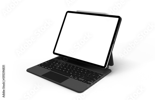 black tablet computer with blank white screen isolated on white background. 3D illustration, 3D rendering.