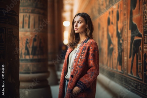 Full-length portrait photography of a satisfied woman in her 20s wearing a chic cardigan against an ancient egyptian or hieroglyphics background. Generative AI
