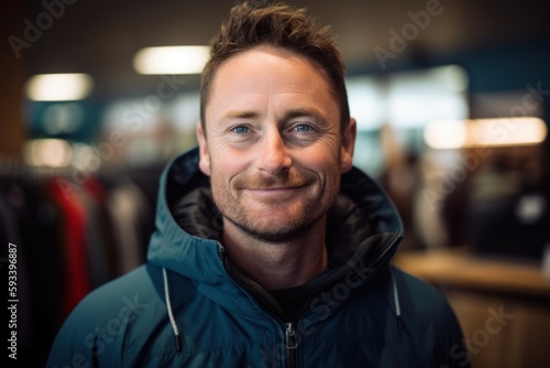 Portrait of smiling man looking at camera in sports clothing store during winter