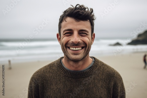 Portrait of a handsome young man smiling at the beach in autumn
