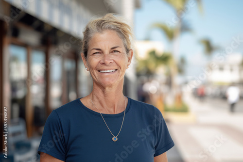 Portrait of happy senior woman standing in front of a restaurant.