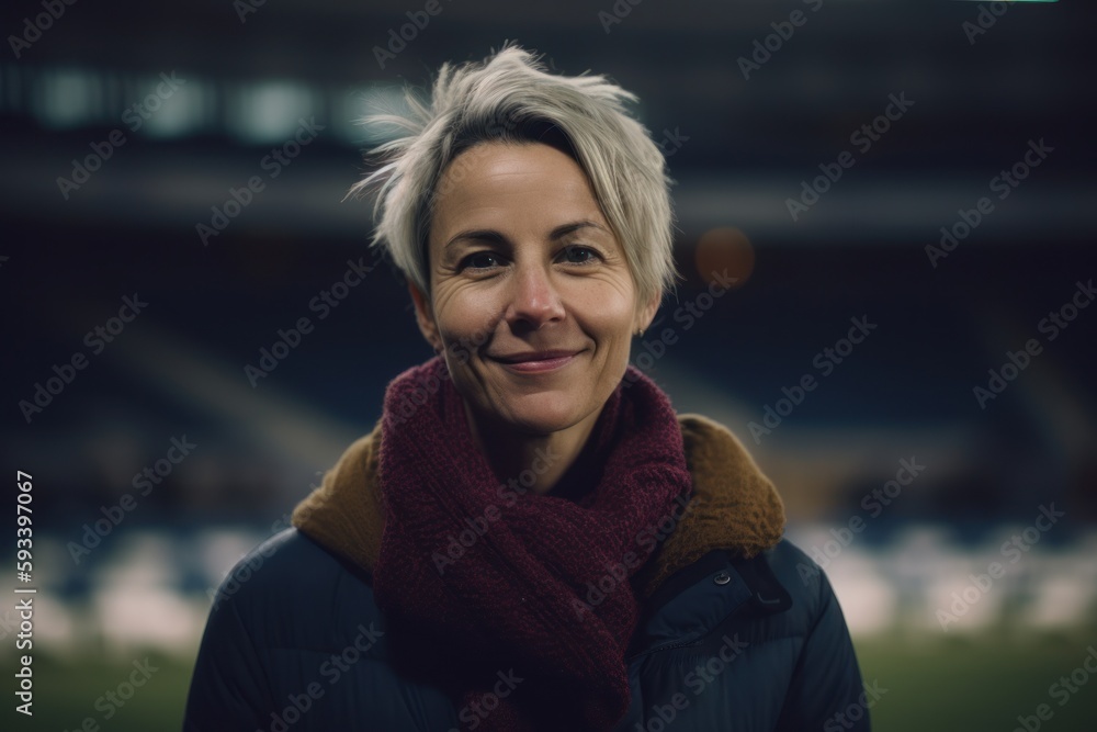Portrait of smiling senior woman in scarf and coat at soccer stadium Portrait of smiling senior woman in scarf and coat at soccer stadium