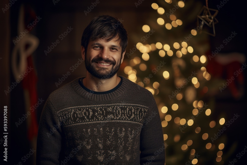 Portrait of a young man in a sweater with a Christmas tree in the background