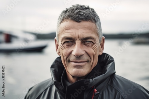 Portrait of a handsome middle-aged man in a black jacket on a pier