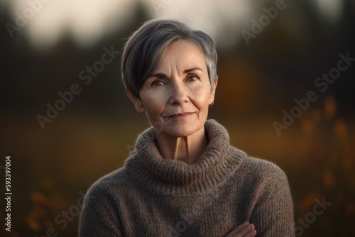 Portrait of a senior woman in a sweater on an autumn background