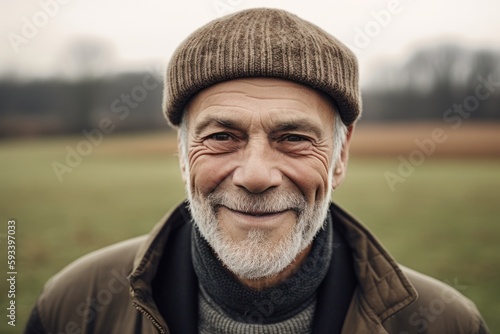 Portrait of a senior man with grey beard and hat outdoors.
