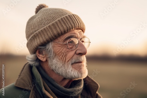 Portrait of senior man with hat and glasses in the countryside.