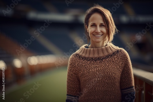 Portrait of a beautiful middle-aged woman in knitted sweater on the background of the stadium.