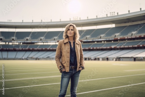 Beautiful young woman in a brown coat and jeans posing on the football stadium © Robert MEYNER