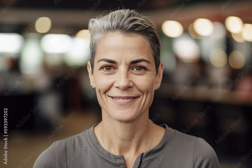 Obraz premium Portrait of smiling middle aged woman with grey hair looking at camera