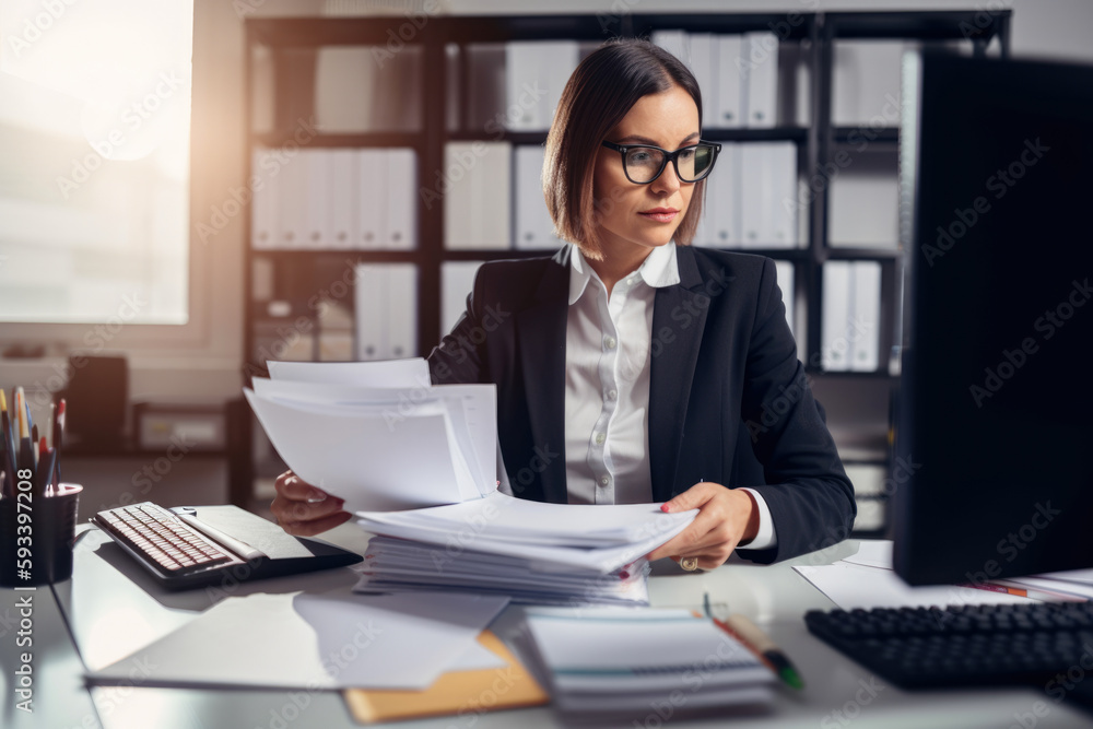 Organized Human Resources Manager sitting at her desk, going through employee files and planning the week ahead, generative ai Organized Human Resources Manager sitting at her desk, going through employee files and planning the week ahead, generative ai