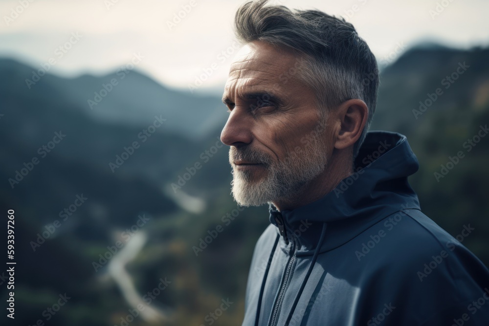 Senior man with grey hair and beard on top of mountain looking away Senior man with grey hair and beard on top of mountain looking away