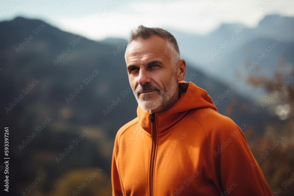 Portrait of a senior man in an orange hoodie against the background of the mountains. Portrait of a senior man in an orange hoodie against the background of the mountains.