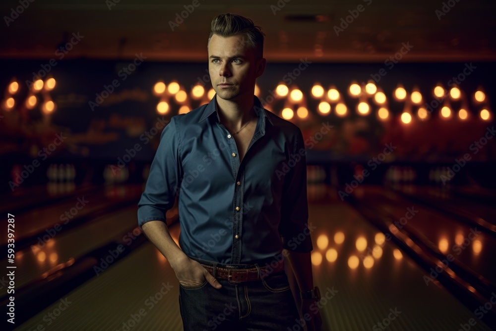 Portrait of a handsome man standing in bowling alley at night.