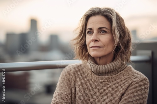 Portrait of a beautiful middle-aged woman with short hair in a beige sweater.