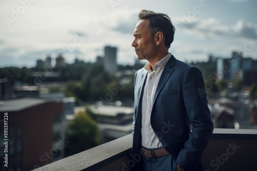 Environmental portrait photography of a satisfied man in his 40s wearing a classic blazer against a rooftop or terrace background. Generative AI © Robert MEYNER