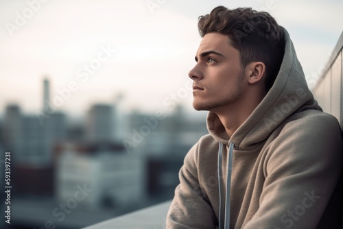 Young handsome man in sportswear looking away while sitting on balcony with city view © Robert MEYNER
