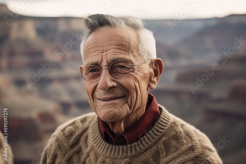 Lifestyle portrait photography of a pleased man in his 80s wearing a cozy sweater against a mountain valley or canyon background. Generative AI