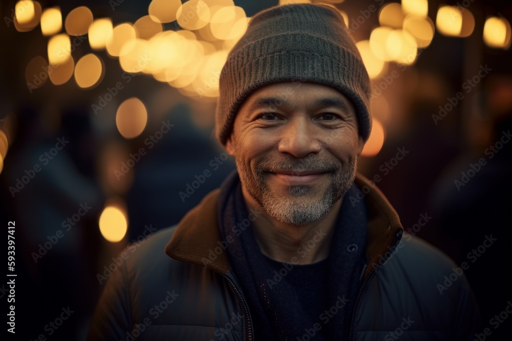 Portrait of a smiling middle-aged man in a hat and jacket on the background of Christmas lights Portrait of a smiling middle-aged man in a hat and jacket on the background of Christmas lights