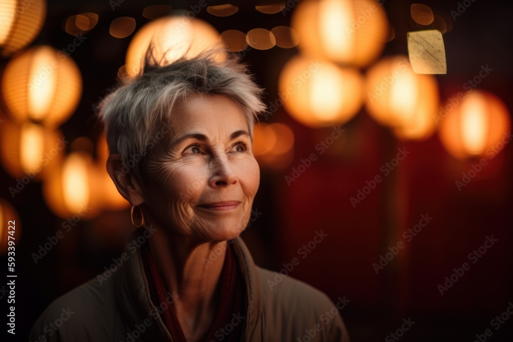 Portrait of senior woman in chinese lanterns at night.