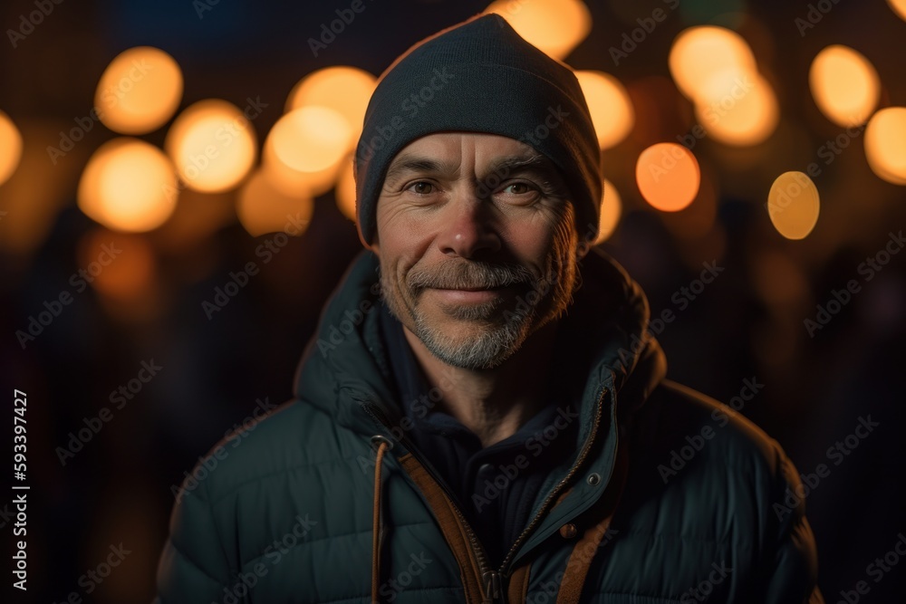 Portrait of an elderly man with gray hair on the background of Christmas lights Portrait of an elderly man with gray hair on the background of Christmas lights